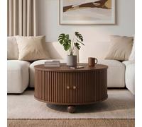 Mesa de centro, mesa de café redonda, mesa de salón, estructura en relieve vertical, dos puertas correderas, cuerpo de MDF, asas de metal, patas de metal esféricas, cuatro compartimentos separados