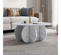 Mesa de Centro Moderna con Tapa de Vidrio y Base de Madera Maciza, Elegante Centro para Sala de Estar, Lateral Redonda, para Patio, Acabado en Blanco Templado Transparente y mármol, 80 x 40 cm