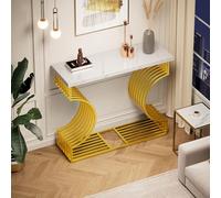 Mesa de centro moderna de 100 x 35 x 80 cm, color negro brillante, mesa auxiliar pequeña para sala de estar, mesa de consola, base dorada se puede instalar de dos maneras (blanco+dorado)