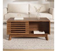 Mesa de centro moderna retro, altura regulable, puerta corredera, aspecto nogal, cuerpo de MDF, mesa de salón multifuncional