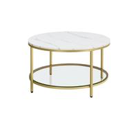 Mesa de Centro Sofá de Mármol de Imitación Redonda Estante de Vidrio, Blanco Mármol + Dorado Métalico / 80 x 46 cm