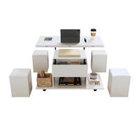 Mesa de centro multifuncional de altura ajustable con compartimento oculto y mecanismo hidráulico, 4 taburetes rodantes, color blanco