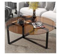 Mesa de centro otomana moderna con soporte de almacenamiento, mesas centrales minimalistas redondas con tablero de vidrio templado teñido de marrón y patas negras mate, mesa central baja y grande for