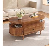 Mesa de centro ovalada con placa elevadora, MDF, mesa elevadora hidráulica | Espacio de almacenamiento oculto, dos estantes abiertos, cajón grande + dos puertas correderas, asas redondas