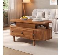 Mesa de centro ovalada con placa elevadora, MDF, mesa elevadora hidráulica, espacio de almacenamiento oculto, dos estantes abiertos, cajón grande, dos puertas correderas, manijas redondas