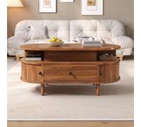Mesa de centro ovalada con placa elevadora, MDF, mesa elevadora hidráulica, espacio de almacenamiento oculto, dos estantes abiertos, cajón grande, dos puertas correderas, manijas redondas, patas