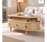 Mesa de centro ovalada con placa elevadora, MDF, mesa elevadora hidráulica, espacio de almacenamiento oculto, dos estantes abiertos, cajón grande, dos puertas correderas, manijas redondas
