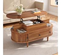 Mesa de centro ovalada con placa elevadora, MDF, mesa elevadora hidráulica, espacio de almacenamiento oculto, dos estantes abiertos, cajón grande + dos puertas correderas, asas redondas