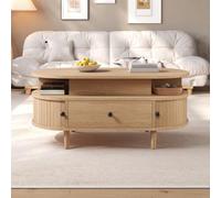 Mesa de centro ovalada con placa elevadora, MDF, mesa elevadora hidráulica, espacio de almacenamiento oculto, dos estantes abiertos, cajón grande, dos puertas correderas, manijas redondas, patas de