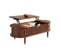 Mesa de centro ovalada con tablero de altura ajustable, nogal, HD26092305 | Mesa de salón, mesa de sofá, mesa auxiliar, mesa de café, espacio de almacenamiento oculto, 2 puertas correderas, estriado