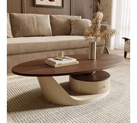 Mesa de centro ovalada moderna de mediados de siglo con parte superior de madera maciza con cajón, mesa de cóctel para sala de estar y oficina en casa (120 x 60 x 40 cm, albaricoque)