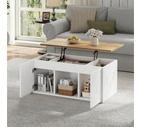 Mesa de centro para salón, altura regulable hasta un máximo de 59 cm, con dos puertas de armario y un diseño claro y aerodinámico. Mesa auxiliar de madera natural, mesa de sofá, escritorio (46 x 95 x