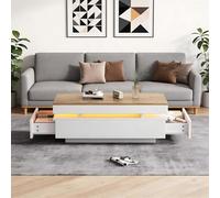 Mesa de centro rectangular, 100 x 50 x 35 cm, LED, 2 cajones, color blanco | Tablero de partículas, control de aplicación, capacidad de carga de 30 kg, mesa auxiliar, mesa auxiliar, sofá