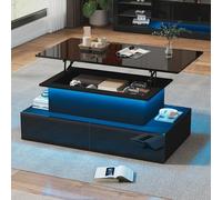 Mesa de centro rectangular, 90 x 55 x 41 cm, LED, 4 cajones, color negro | Tablero de partículas, 4 cajones, control de aplicaciones, mesa de salón, mesa auxiliar, sofá, espacio de almacenamiento