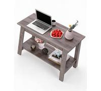 Mesa de centro rectangular rústica de madera estilo industrial moderno, dos niveles de estantes abiertos, diseño compacto para espacios reducidos, color marrón y blanco, ideal para salón, oficina y do