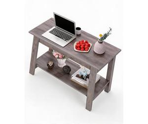 Mesa de centro rectangular rústica de madera estilo industrial moderno, dos niveles de estantes abiertos, diseño compacto para espacios reducidos, color marrón y blanco, ideal para salón, oficina y do