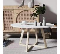 Mesa de centro redonda de madera maciza, diseño moderno de círculo central con base de madera de lazo, perfecta para espacios pequeños, sala de estar u oficina