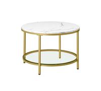 VASAGLE Mesa de Centro, Mesita de Salón, de Mármol de Imitación Redonda, Estante de Vidrio Templado, Montaje Fácil, Estilo Moderno, Blanco Mármol y Dorado Claro LCT072W59