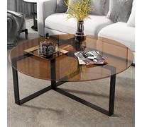 Mesa De Centro Redonda, Mesas De Centro Circulares Modernas Minimalistas con Tablero De Vidrio Templado Teñido En Marrón/Gris con Patas Negras Mate, Mesa Central Baja Grande Transparente,60cm