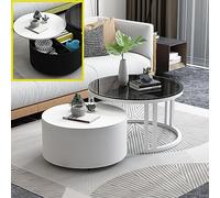 Mesa de centro redonda moderna con espacio de almacenamiento industrial - Juego de 2 mesas auxiliares apilables con tablero de vidrio y marco de metal resistente, ideal para espacios pequeños.