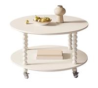 Mesa de centro redonda moderna de mediados de siglo con ruedas, madera maciza vintage, estantes de almacenamiento de 2 niveles, muebles elegantes para el hogar y la oficina, acabado blanco y marrón
