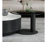 Mesa de Centro Redonda Moderna de Mediados de Siglo con Superficie de Piedra y Mesa Auxiliar de Vidrio para Sala de Estar de apartamento pequeño, Color Negro, 22" de Largo x 22" de Ancho x 16"