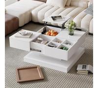 Mesa de centro regulable 75 x 75 x 38 cm, mesa de salón con espacio de almacenamiento, mesa de sofá con cajones y compartimentos secretos, mesa de café con bandeja extraíble para té, para salón