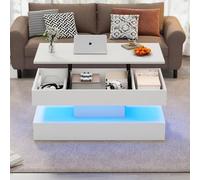 Mesa de Centro Regulable en Altura, mesa Baja Salon Elevable y Extensible 100x50x42 cm Control de APP Mesa Auxiliar Salon con luz y Almacenaje Mesas Centro Baja Cuadrada Blanca con Cajones (D, blanco)