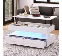Mesa de Centro Regulable en Altura, mesa Baja Salon Elevable y Extensible 100x50x44 cm Control de APP Mesa Auxiliar Salon con luz y Almacenaje Mesas Centro Baja Cuadrada Blanca con Cajones (A, blanco)