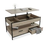Mesa de Centro Relaxdays, elevable, 2 cajones, 4 Compartimentos, 48 x 100 x 50 cm, Mesa Industrial, Madera Clara/Negro