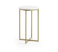 Mesa de centro Sheffield de mármol blanco y patas de acero con acabado dorado, Ø 43 cm
