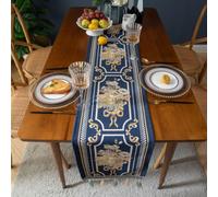 Mesa de chenilla de lujo para corredor de 160 cm para decoración de comedor | Tejido jacquard floral intrincado, flecos hechos a mano, sofisticado acento de comedor, 32 cm de ancho, tono azul