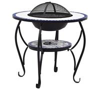 Mesa de chimenea redonda 68 cm Acero Azul Blanco | Cuenco de cerámica, rejilla de seguridad, herramienta de té, 4 pies, uso al aire libre, jardín o patio