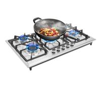 Mesa de cocción a gas empotrable, 5 fuegos, cocina de gas con quemador Wok, acero inoxidable, 86 x 51 x 12 cm, color plateado encendido electrónico 3.3/3/1.75/1.75/1kw GLP natural encimera empotrada