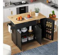 Mesa de cocina móvil grande, encimera plegable, vetas de roble, armario multifuncional, estante para especias, toallero, 5 ruedas, adecuado para cocina/comedor/casa, 132,5 x 44 (70) x 90 cm (negro)