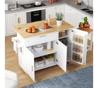 Mesa de cocina móvil grande, encimera plegable, vetas de roble, armario multifuncional, estante para especias, toallero, 5 ruedas, adecuado para cocina/comedor/casa, 132,5 x 44 (70) x 90 cm (blanco)