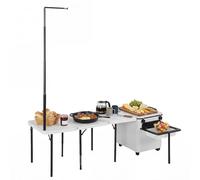 Mesa de cocina portátil con ruedas para camping con postes de luz LED, estación de cocina multifuncional al aire libre para barbacoa y portón trasero