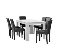Mesa de comedor + 6 sillas forssa mdf y polipiel 140x90x77 cm - blanco + gris oscuro [en.casa]