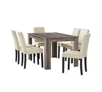 Mesa de comedor + 6 sillas forssa mdf y polipiel 140x90x77cm - roble antiguo + crema [en.casa]
