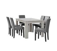 Mesa de comedor + 6 sillas forssa mdf y polipiel 140x90x77cm - roble blanco + gris claro [en.casa]