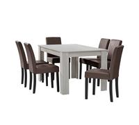 Mesa de comedor + 6 sillas forssa mdf y polipiel 140x90x77cm - roble blanco + marrón [en.casa]