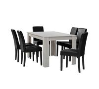 Mesa de comedor + 6 sillas forssa mdf y polipiel 140x90x77cm - roble blanco + negro [en.casa]