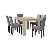 Mesa de comedor + 6 sillas forssa mdf y polipiel 140x90x77cm - roble claro + gris claro [en.casa]