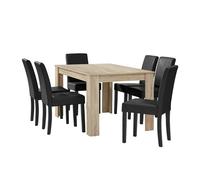 Mesa de comedor + 6 sillas forssa mdf y polipiel 140x90x77cm - roble claro + negro [en.casa]