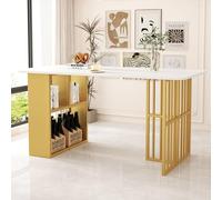 Mesa de comedor de oro blanco, moderna mesa rectangular con patas únicas, espacio de almacenamiento, estilo de diseño elegante, incluye 6 sillas, fácil de montar, para comedor y sala de estar.
