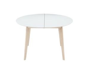 Mesa de comedor diseño redonda extensible blanca y madera L120-150 LEENA