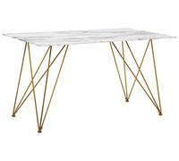 Mesa de comedor efecto mármol blanco con tapa de cristal templado dorado patas de metal 140 x 80 cm salón glam
