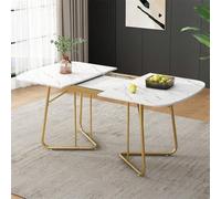 Mesa de comedor extensible blanca con estructura de mármol, patas delin metal dorado, ampliable 140/180 x 80 cm, exquisito estilo de lujo, rectangular blanco, apto para 4-6