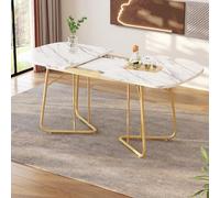 Mesa de comedor extensible blanca con textura de mármol, patas de metal doradas, mesa de comedor extensible de 140/180 x 80 cm, exquisito estilo lujoso, mesa de comedor blanca en ángulo recto