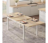 Mesa de comedor extensible de 47.2 a 63 pulgadas, mesa de cocina que ahorra espacio con marco de metal y parte superior de MDF, fácil de limpiar, mesa de comedor de madera natural y blanca para 6